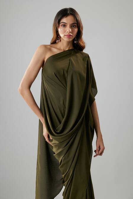 Buy_NA-KA_Green Georgette One Shoulder Draped Gown _Online_at_Aza_Fashions
