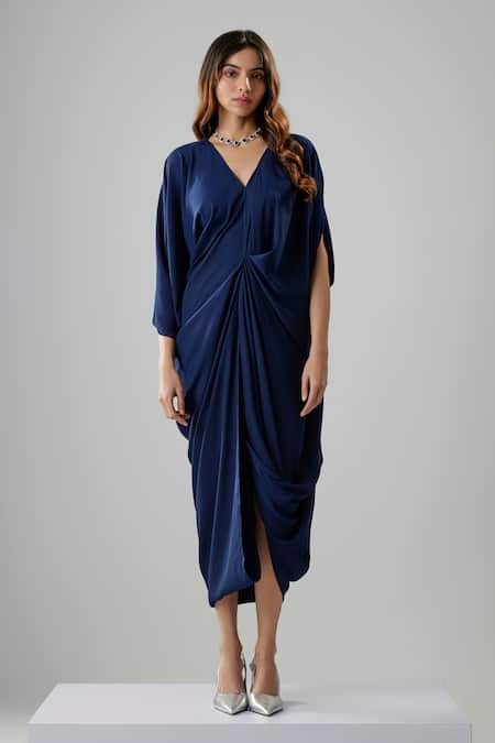 NA-KA_Blue Georgette V-neck Navy Draped Midi Dress _Online_at_Aza_Fashions