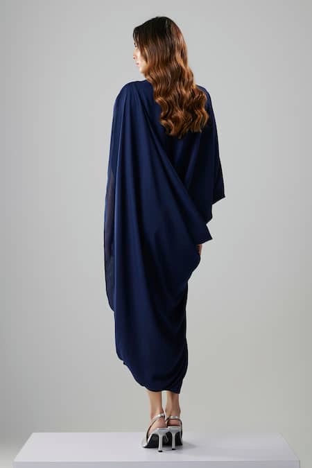 NA-KA Navy Blue Draped Midi Dress 