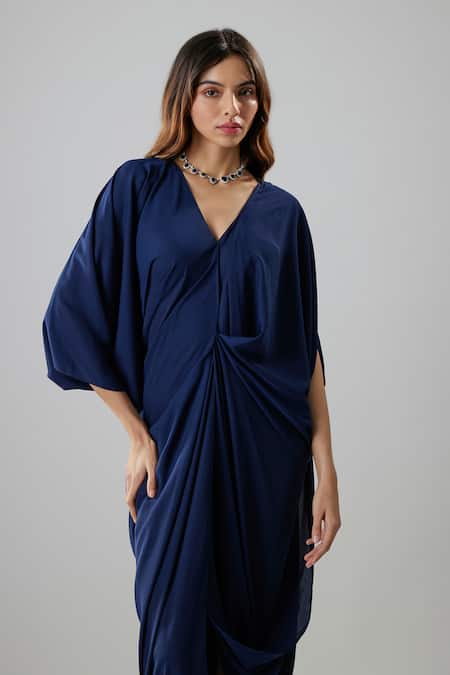 Buy_NA-KA_Blue Georgette V-neck Navy Draped Midi Dress _Online_at_Aza_Fashions