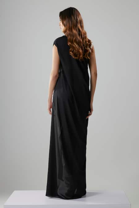 Shop_NA-KA_Black Georgette V-neck Color Block Front Twist Gown _at_Aza_Fashions