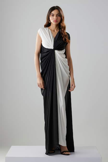 NA-KA_Black Georgette V-neck Color Block Front Twist Gown _Online_at_Aza_Fashions