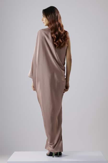 Shop_NA-KA_Beige Satin Cowl Neck Draped Slit Gown _at_Aza_Fashions