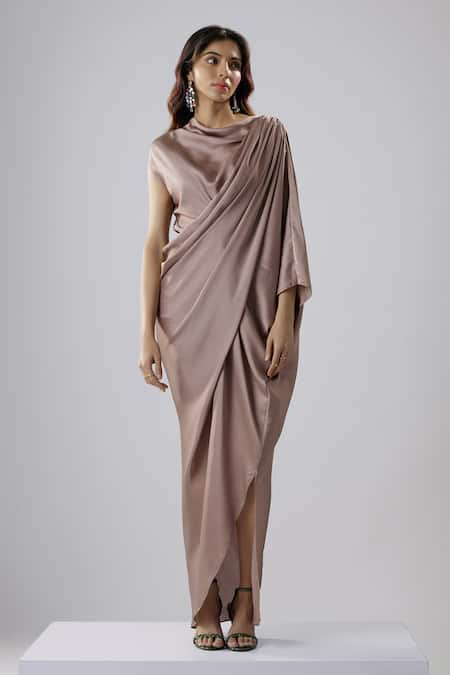 NA-KA_Beige Satin Cowl Neck Draped Slit Gown _Online_at_Aza_Fashions