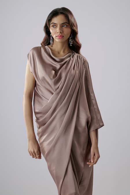Buy_NA-KA_Beige Satin Cowl Neck Draped Slit Gown _Online_at_Aza_Fashions