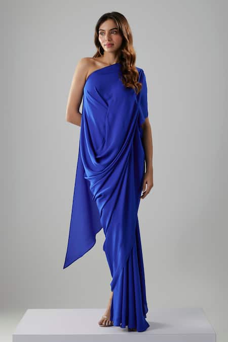 NA-KA_Blue Georgette One Shoulder Draped Gown _Online_at_Aza_Fashions