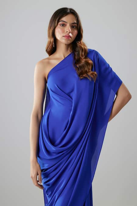 Buy_NA-KA_Blue Georgette One Shoulder Draped Gown _Online_at_Aza_Fashions