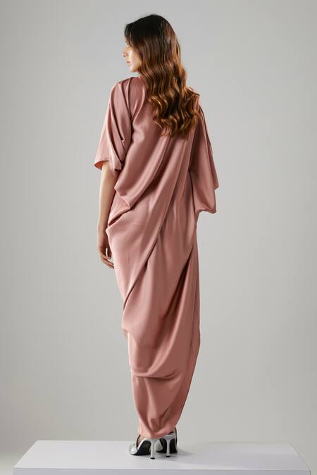 Shop_NA-KA_Pink Satin Boat Neck Draped Gown _at_Aza_Fashions