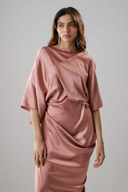 NA-KA_Pink Satin Boat Neck Draped Gown _Online_at_Aza_Fashions