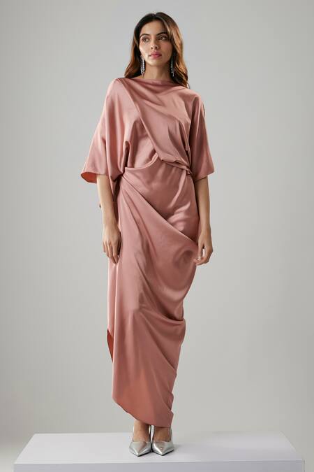 Shop_NA-KA_Pink Satin Boat Neck Draped Gown _Online_at_Aza_Fashions