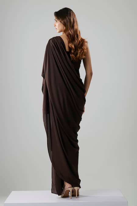 Shop_NA-KA_Brown Georgette One Shoulder Draped Gown _at_Aza_Fashions