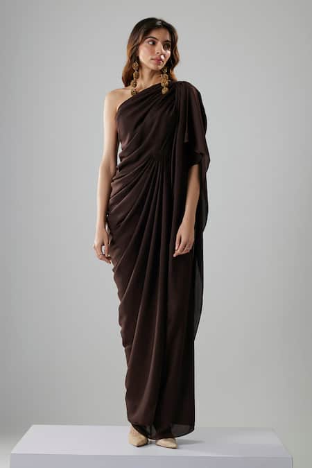NA-KA_Brown Georgette One Shoulder Draped Gown _Online_at_Aza_Fashions