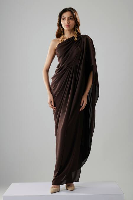 Buy_NA-KA_Brown Georgette One Shoulder Draped Gown _Online_at_Aza_Fashions
