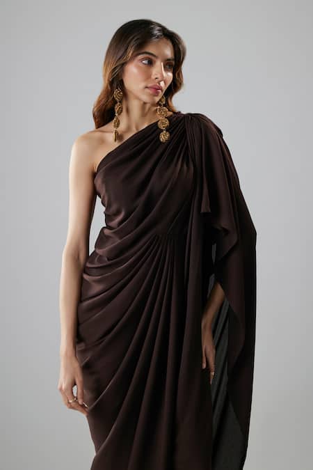 Shop_NA-KA_Brown Georgette One Shoulder Draped Gown _Online_at_Aza_Fashions