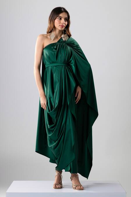 NA-KA_Emerald Green Satin One Shoulder Draped Gown With Belt _Online_at_Aza_Fashions