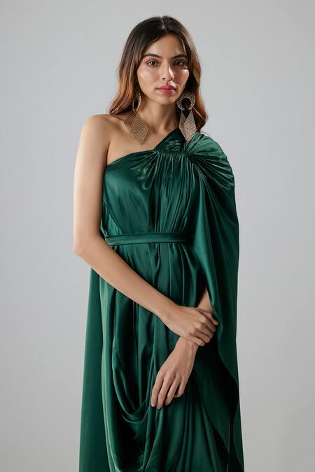 Buy_NA-KA_Emerald Green Satin One Shoulder Draped Gown With Belt _Online_at_Aza_Fashions