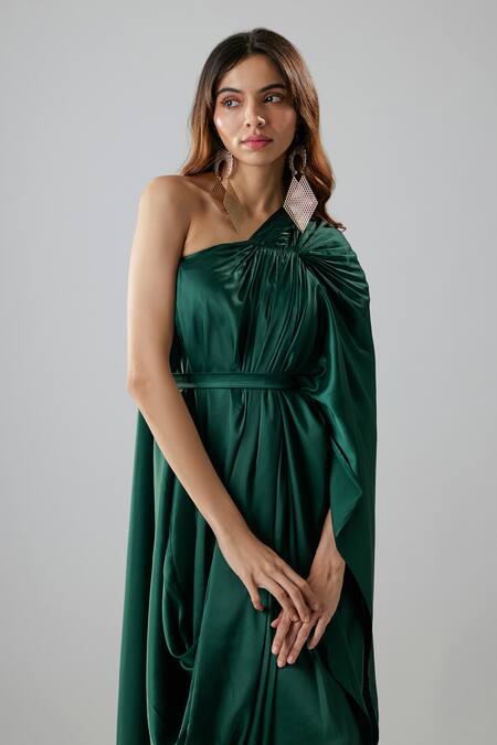 Shop_NA-KA_Emerald Green Satin One Shoulder Draped Gown With Belt _Online_at_Aza_Fashions