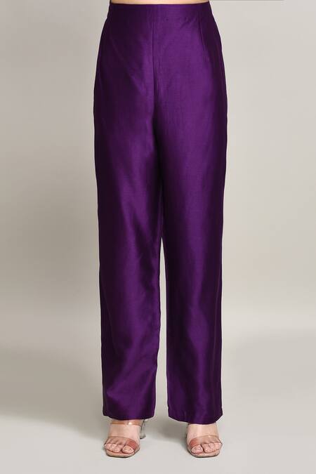 Kalighata_Purple Chanderi Embroidery Boat Neck Clover Bloom Kurta Pant Set _Online_at_Aza_Fashions