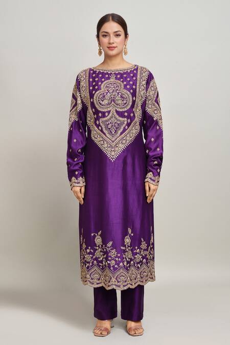 Buy Kalighata Purple Chanderi Embroidery Boat Neck Clover Bloom Kurta Pant Set Online at Aza Fashions Buy_Kalighata_Purple Chanderi Embroidery Boat Neck Clover Bloom Kurta Pant Set _Online_at_Aza_Fashions