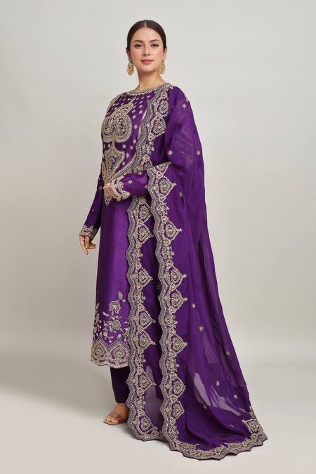 Shop Kalighata Purple Chanderi Embroidery Boat Neck Clover Bloom Kurta Pant Set Online at Aza Fashions Shop_Kalighata_Purple Chanderi Embroidery Boat Neck Clover Bloom Kurta Pant Set _Online_at_Aza_Fashions