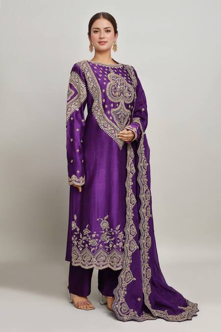 Kalighata Purple Chanderi Embroidery Boat Neck Clover Bloom Kurta Pant Set at Aza Fashions Kalighata_Purple Chanderi Embroidery Boat Neck Clover Bloom Kurta Pant Set _at_Aza_Fashions