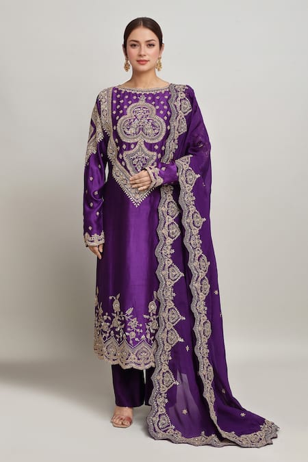 Shop Kalighata Purple Chanderi Embroidery Boat Neck Clover Bloom Kurta Pant Set at Aza Fashions Shop_Kalighata_Purple Chanderi Embroidery Boat Neck Clover Bloom Kurta Pant Set _at_Aza_Fashions