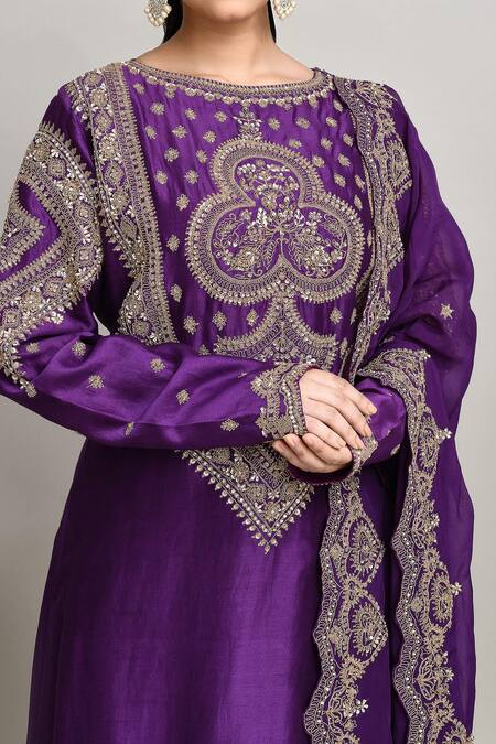 Buy_Kalighata_Purple Chanderi Embroidery Boat Neck Clover Bloom Kurta Pant Set 