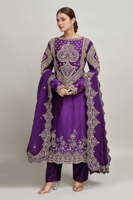 Shop Kalighata Purple Chanderi Embroidery Boat Neck Clover Bloom Kurta Pant Set Shop_Kalighata_Purple Chanderi Embroidery Boat Neck Clover Bloom Kurta Pant Set