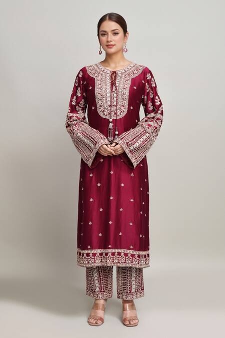 Kalighata Maroon Chanderi Embroidery Round Neck Gulshan Vine Kurta Set Online at Aza Fashions Kalighata_Maroon Chanderi Embroidery Round Neck Gulshan Vine Kurta Set _Online_at_Aza_Fashions