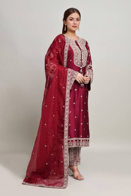 Buy Kalighata Maroon Chanderi Embroidery Round Neck Gulshan Vine Kurta Set Online at Aza Fashions Buy_Kalighata_Maroon Chanderi Embroidery Round Neck Gulshan Vine Kurta Set _Online_at_Aza_Fashions