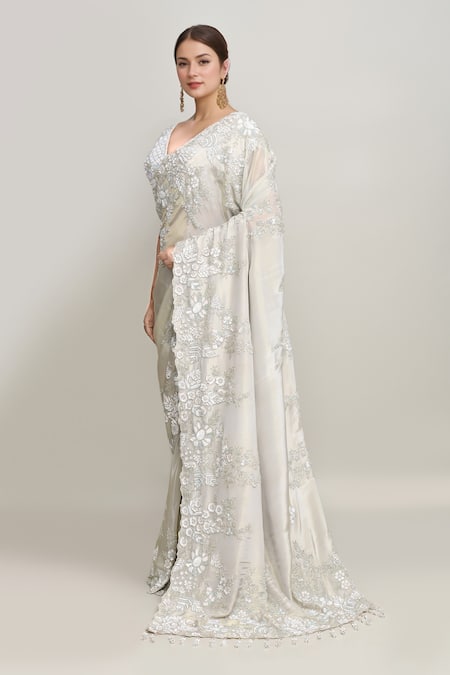 Shop Kalighata Gray Tissue Cut Work, Sequins Florence Embroidered Saree Set at Aza Fashions Shop_Kalighata_Gray Tissue Cut Work, Sequins Florence Embroidered Saree Set _at_Aza_Fashions