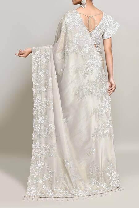 Kalighata_Gray Tissue Cut Work, Sequins Florence Embroidered Saree Set _Online_at_Aza_Fashions