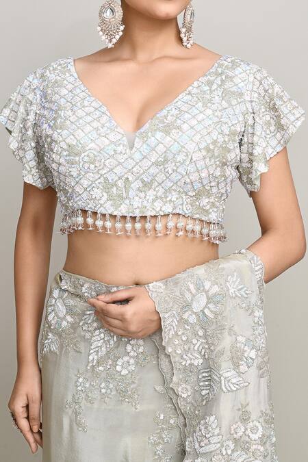 Buy_Kalighata_Gray Tissue Cut Work, Sequins Florence Embroidered Saree Set 