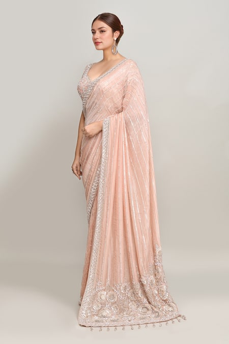 Kalighata Peach Sequin Ray Embroidered Saree & Blouse 