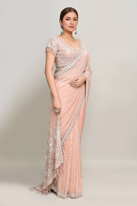 Kalighata_Peach Organza Cut Work, Sequins, Embroidery Ray Saree And Blouse _Online_at_Aza_Fashions