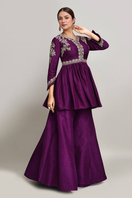 Kalighata Purple Silk Embroidery V-neck Phool Vine Peplum Kurta And Sharara Online at Aza Fashions Kalighata_Purple Silk Embroidery V-neck Phool Vine Peplum Kurta And Sharara _Online_at_Aza_Fashions