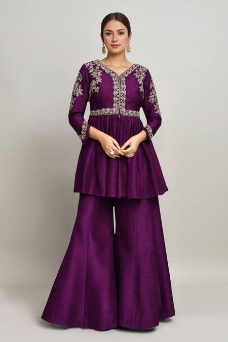 Buy Kalighata Purple Silk Embroidery V-neck Phool Vine Peplum Kurta And Sharara Online at Aza Fashions Buy_Kalighata_Purple Silk Embroidery V-neck Phool Vine Peplum Kurta And Sharara _Online_at_Aza_Fashions