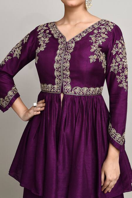 Shop_Kalighata_Purple Silk Embroidery V-neck Phool Vine Peplum Kurta And Sharara _Online_at_Aza_Fashions