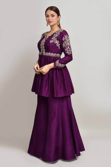 Kalighata Purple Silk Embroidery V-neck Phool Vine Peplum Kurta And Sharara at Aza Fashions Kalighata_Purple Silk Embroidery V-neck Phool Vine Peplum Kurta And Sharara _at_Aza_Fashions