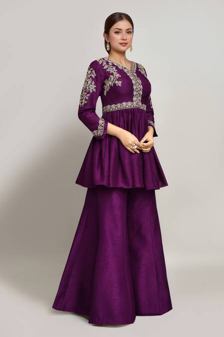 Buy Kalighata Purple Silk Embroidery V-neck Phool Vine Peplum Kurta And Sharara Buy_Kalighata_Purple Silk Embroidery V-neck Phool Vine Peplum Kurta And Sharara