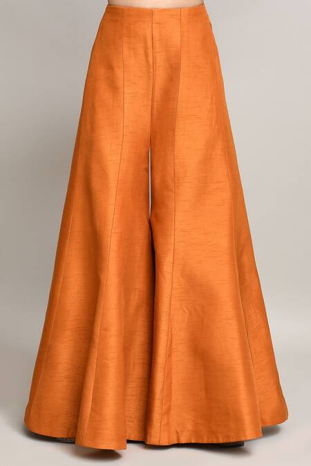 Kalighata_Orange Silk Embroidery V-neck Phool Peplum Kurta And Sharara _Online_at_Aza_Fashions