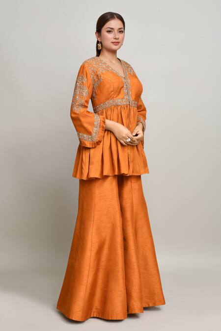 Buy Kalighata Orange Silk Embroidery V-neck Phool Peplum Kurta And Sharara Online at Aza Fashions Buy_Kalighata_Orange Silk Embroidery V-neck Phool Peplum Kurta And Sharara _Online_at_Aza_Fashions