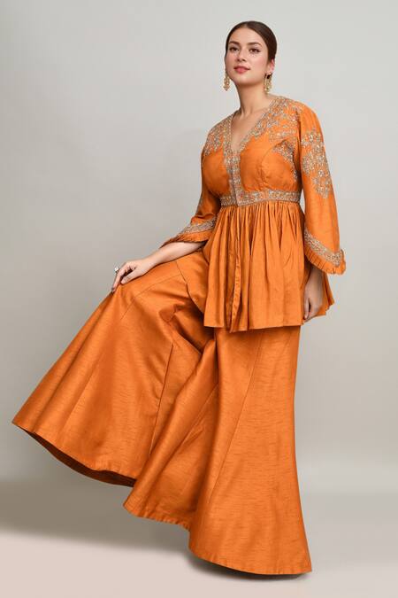 Shop Kalighata Orange Silk Embroidery V-neck Phool Peplum Kurta And Sharara Online at Aza Fashions Shop_Kalighata_Orange Silk Embroidery V-neck Phool Peplum Kurta And Sharara _Online_at_Aza_Fashions