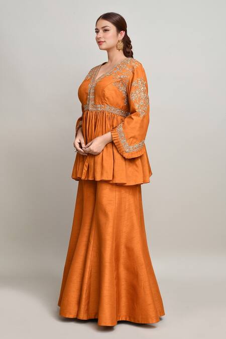 Kalighata Orange Silk Embroidery V-neck Phool Peplum Kurta And Sharara at Aza Fashions Kalighata_Orange Silk Embroidery V-neck Phool Peplum Kurta And Sharara _at_Aza_Fashions