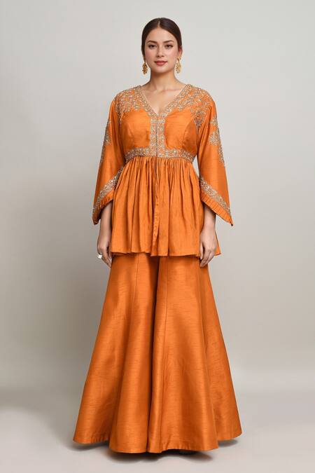 Buy Kalighata Orange Silk Embroidery V-neck Phool Peplum Kurta And Sharara Buy_Kalighata_Orange Silk Embroidery V-neck Phool Peplum Kurta And Sharara