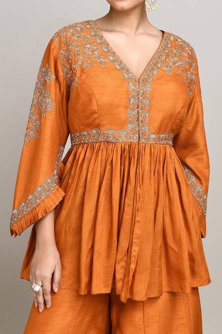 Shop_Kalighata_Orange Silk Embroidery V-neck Phool Peplum Kurta And Sharara 
