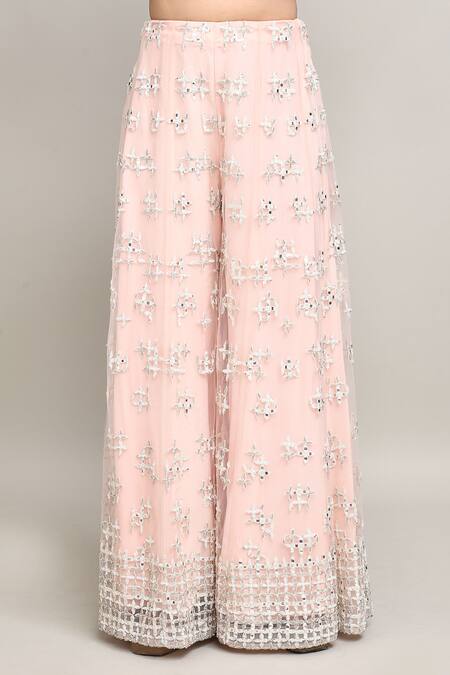 Kalighata_Pink Net Mirrors, Embroidery Round Neck Floral Jaal Kurta Sharara Set _Online_at_Aza_Fashions