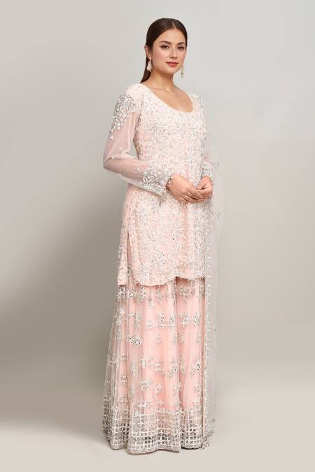 Buy Kalighata Pink Net Mirrors, Embroidery Round Neck Floral Jaal Kurta Sharara Set Online at Aza Fashions Buy_Kalighata_Pink Net Mirrors, Embroidery Round Neck Floral Jaal Kurta Sharara Set _Online_at_Aza_Fashions