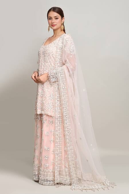 Shop Kalighata Pink Net Mirrors, Embroidery Round Neck Floral Jaal Kurta Sharara Set Online at Aza Fashions Shop_Kalighata_Pink Net Mirrors, Embroidery Round Neck Floral Jaal Kurta Sharara Set _Online_at_Aza_Fashions
