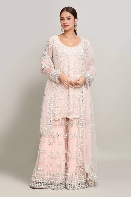 Kalighata Pink Net Mirrors, Embroidery Round Neck Floral Jaal Kurta Sharara Set at Aza Fashions Kalighata_Pink Net Mirrors, Embroidery Round Neck Floral Jaal Kurta Sharara Set _at_Aza_Fashions